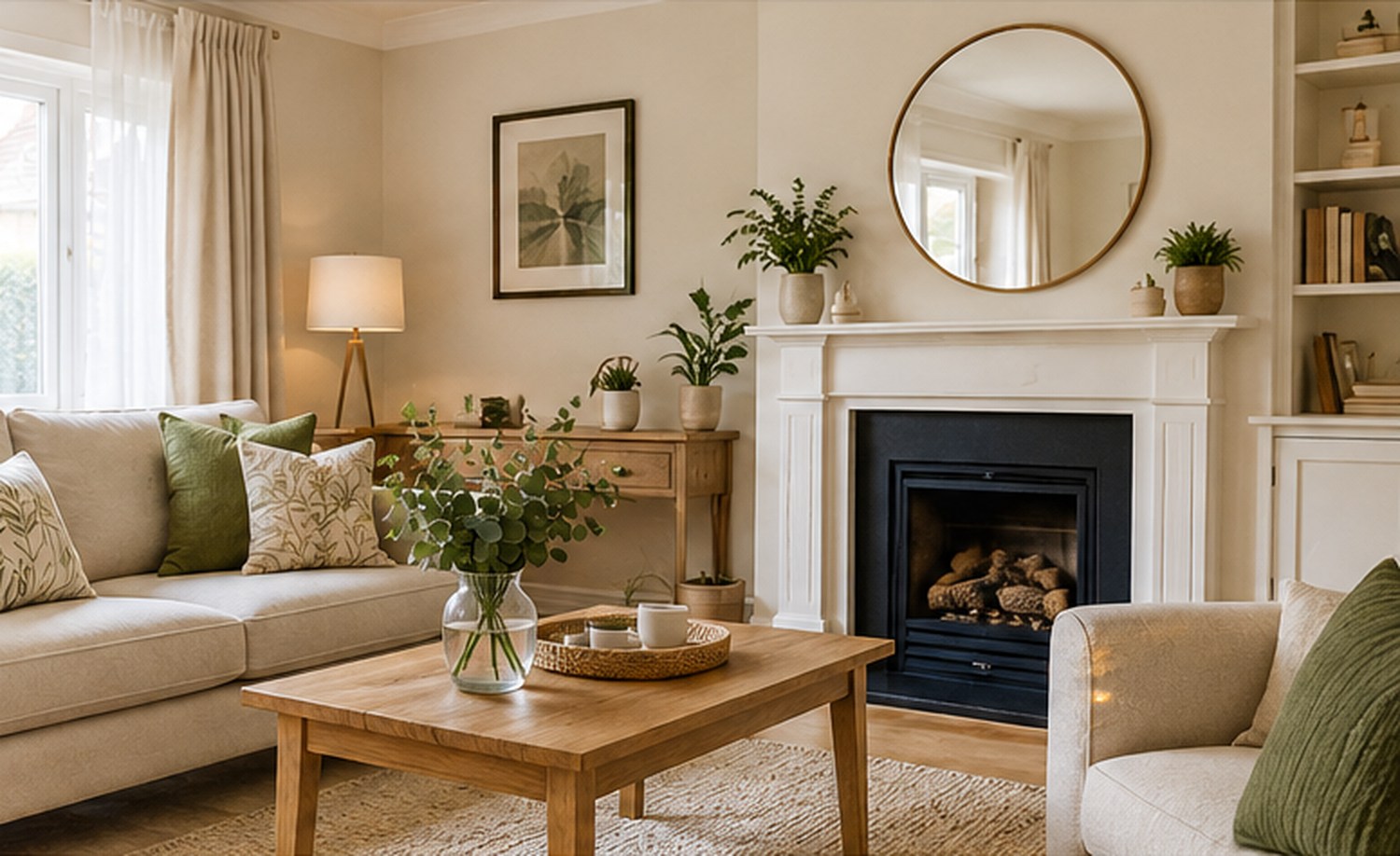 Bright, inviting living room in a traditional English home